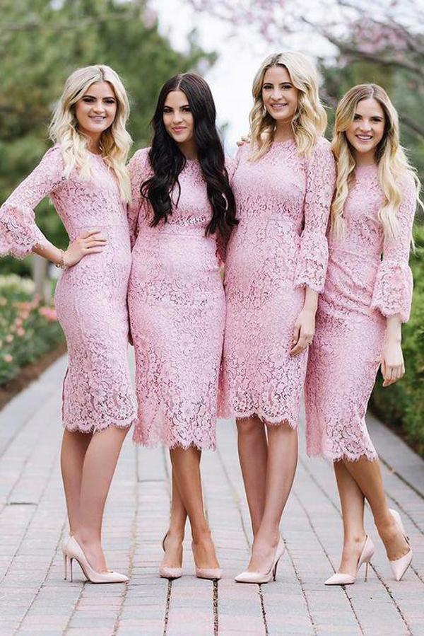 Fashion Pink Sheath Jewel Lace Knee Length Long Sleeve Bridesmaid Dresses, MB189