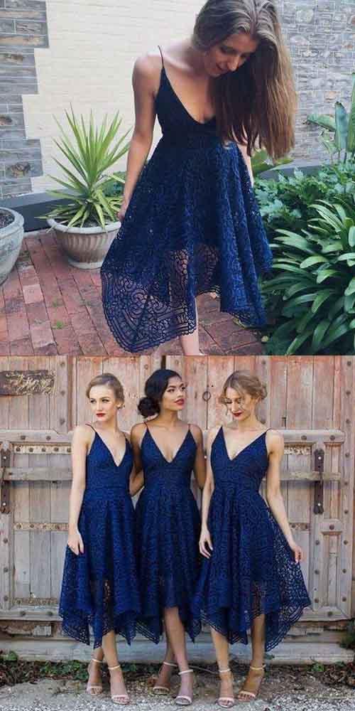 Pink/Navy Blue Spaghetti Straps Lace V-neck A-line Bridesmaid Dresses, Homecoming Dress, MB183|musebridals.com