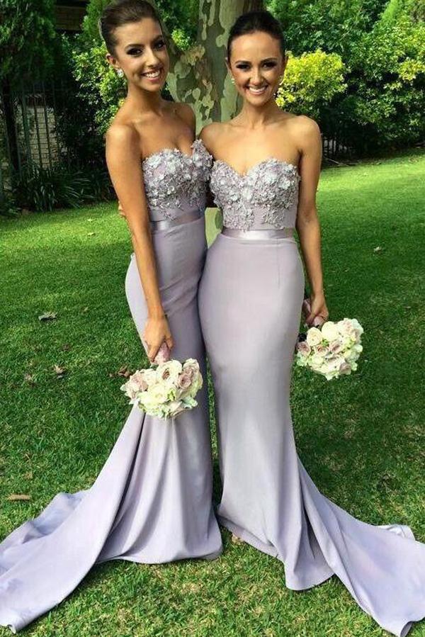 Light Grey Mermaid Sweetheart Beaded Long Bridesmaid Dresses With Appliques, MB136
