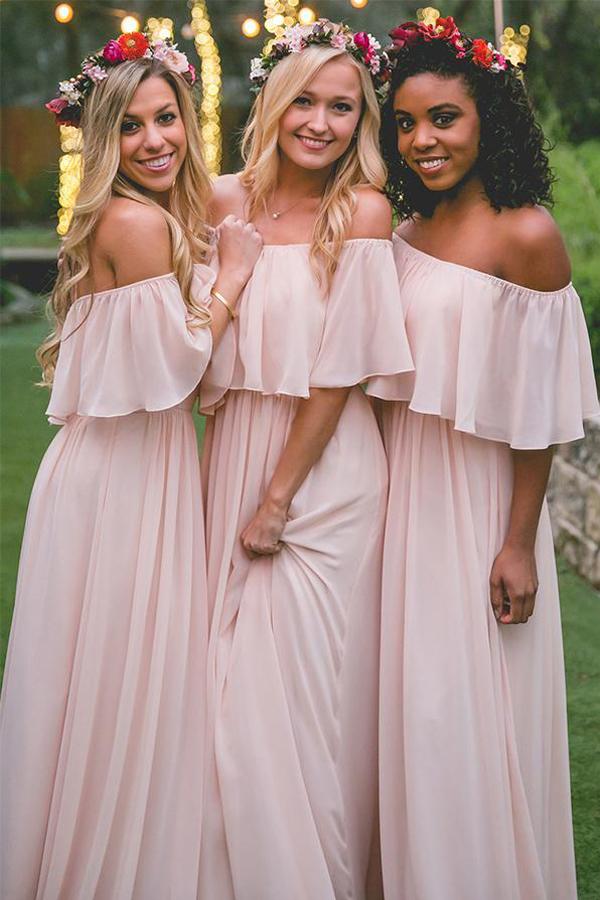Pink Ruffles Chiffon Off-the-shoulder Floor-length  Bridesmaid Dresses, MB186