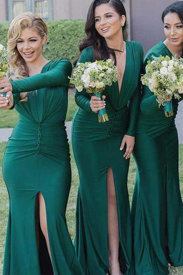 Green Long Sleeve Deep V-neck Cheap Bridesmaid Dresses with Side Slit, MB159