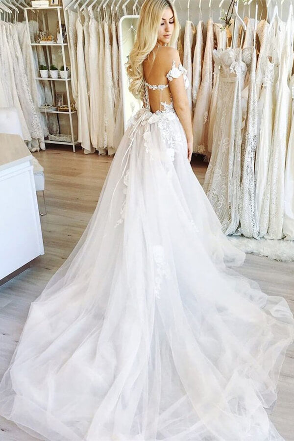 Ball Gown Off the Shoulder Open Back Lace Long Wedding Dresses,Fairy Wedding Gowns,MW420