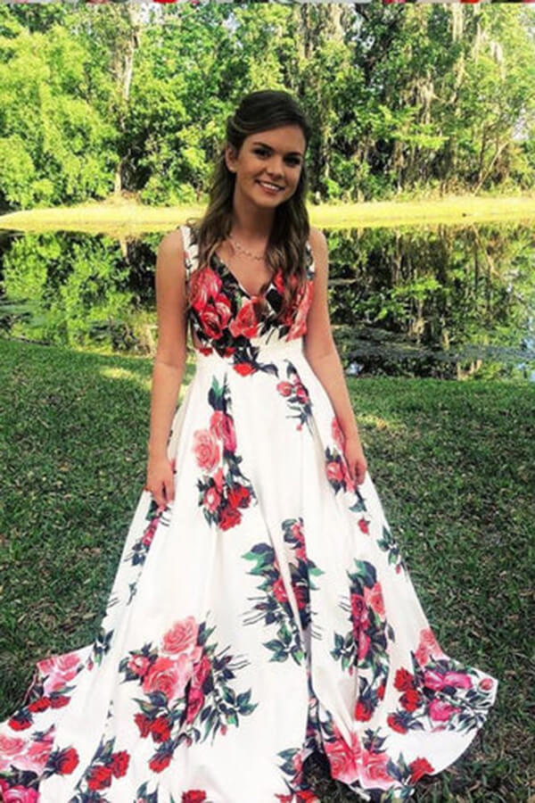 Beautiful A-line Floral Straps Sleeveless Long Prom Dresses, Evening Gown, MP654 | satin prom dresses | simple prom dress | eveing gown | www.musebridals.com