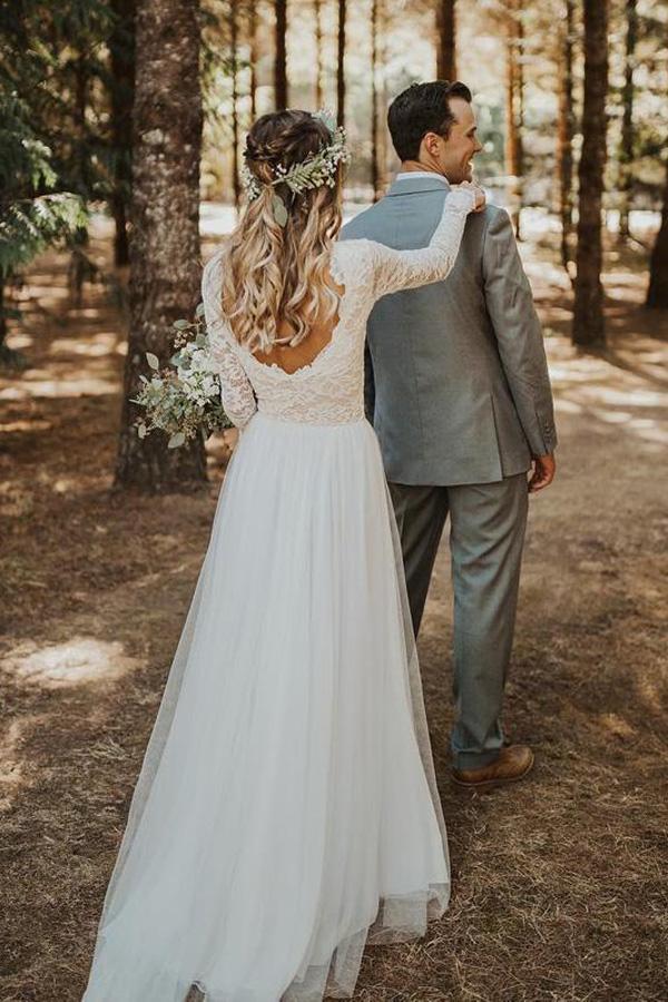 Beautiful A-line Tulle Lace Long Sleeves Wedding Dresses, Bridal Gowns, MW590 | tulle wedding dress | lace wedding dresses | beach wedding dress | www.musebridals.com