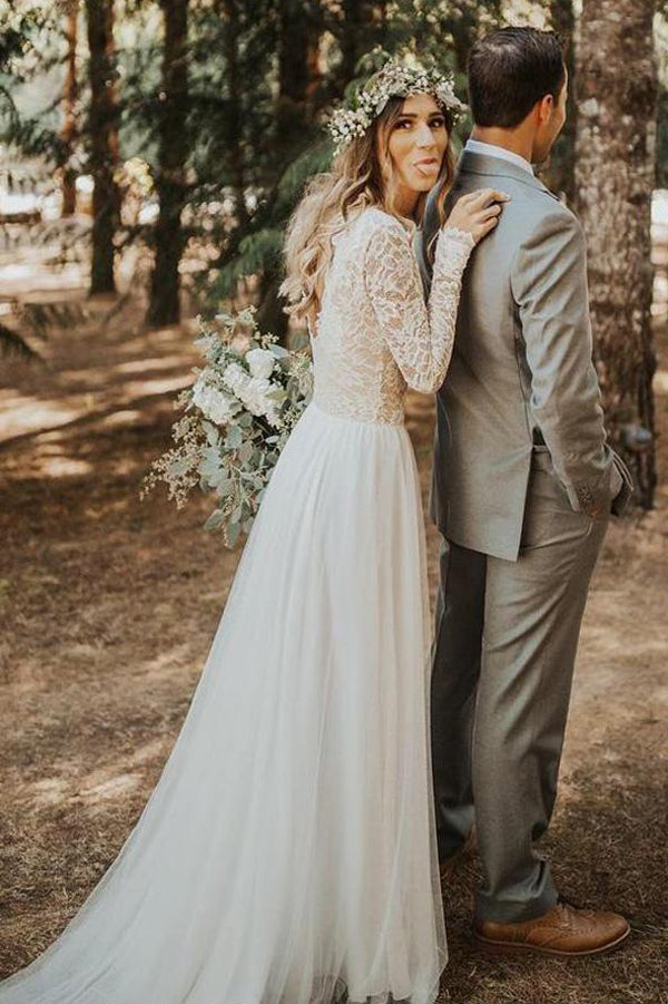 Beautiful A-line Tulle Lace Long Sleeves Wedding Dresses, Bridal Gowns, MW590 | bridal outfit | cheap lace wedding dress | bridal gowns | www.musebridals.com
