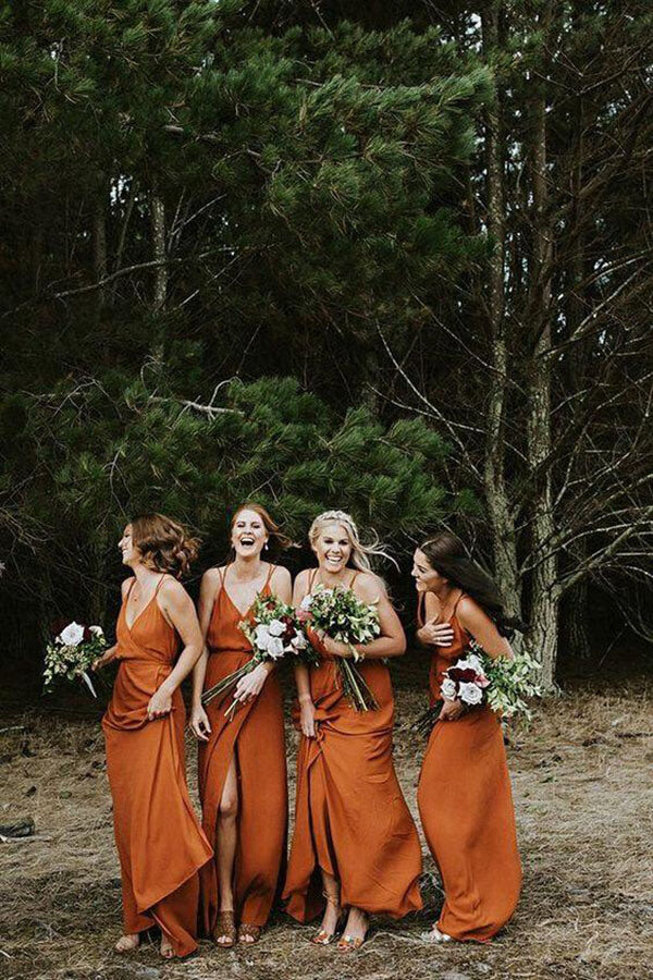Beautiful Dark Orange A-line Spaghetti Straps Bridesmaid Dress With Split, MBD146 | bridesmaid outfit | wedding party dresses | wedding guest dressses | www.musebridals.com