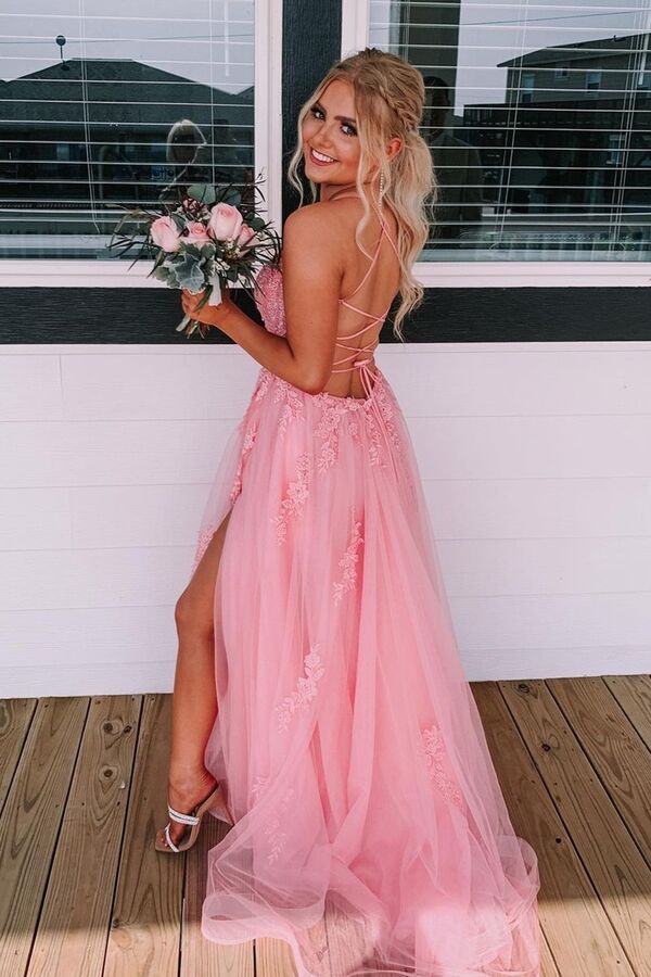 Beautiful Pink Tulle Lace A-line Backless Long Prom Dresses With Side Slit, MP694 | pink prom dresses | a line prom dress | cheap long prom dresses | www.musebridals.com