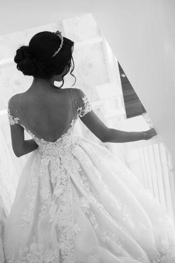 White Lace A-line Illusion Neck Wedding Dresses, MW563 | Musebridals White Lace A-line Illusion Neck Wedding Dresses, MW563 | Musebridals