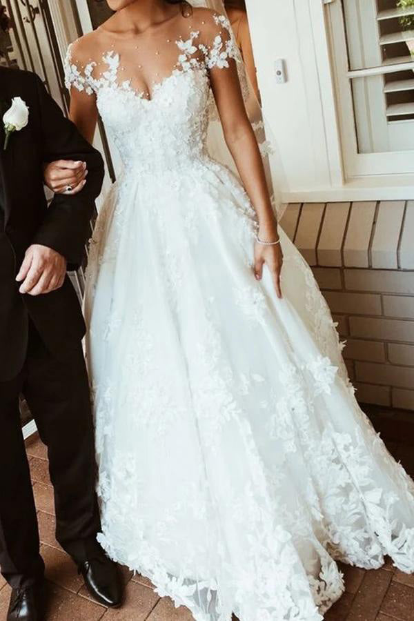 Beautiful White Lace A-line Illusion Neck Wedding Dresses, Bridal Gown, MW563 | wedding dress | lace wedding dresses | wedding gowns | www.musebridals.com