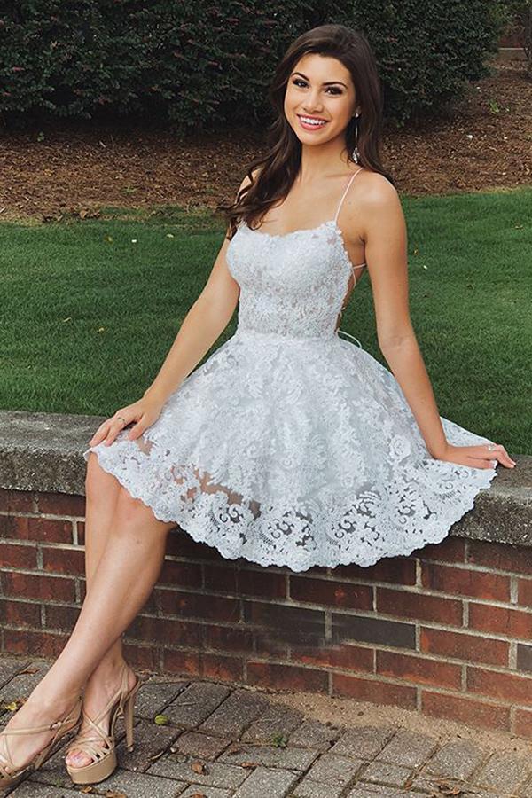 Beautiful White Lace A-line Spaghetti Straps Backless Homecoming Dresses, MH532 | lace homecoming dresses | short prom dress | cheap prom dresses | white homecoming dresses | www.musebridals.com