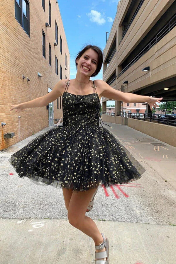 Black Tulle A-line Spaghetti Straps Short Homecoming Dresses With Stars, MH552 | black homecoming dresses | graduation dress | short prom dresses | musebridals.com