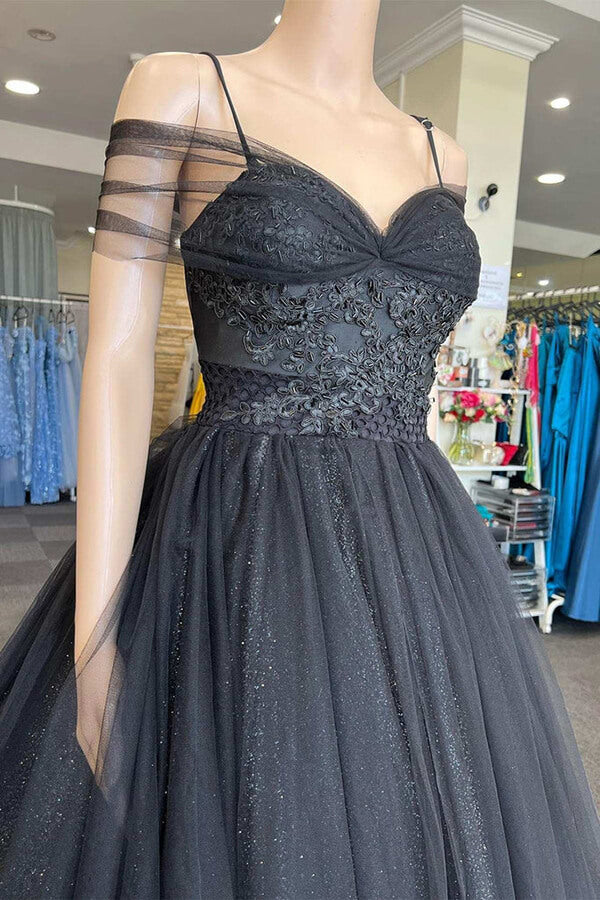 Black Tulle A-line Sweetheart Cold-Shoulder Prom Dresses, Evening Gown, MP760 | cheap long prom dresses | evening dresses | evening gown | musebridals.com