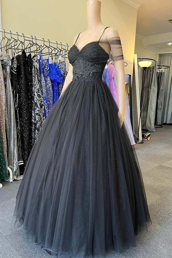 Black Tulle A-line Sweetheart Cold-Shoulder Prom Dresses, Evening Gown, MP760 | lace prom dress | black prom dresses | a line prom dress | musebridals.com