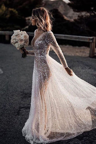 Bling Lace A-line Deep V-neck See Through Long Sleeves Wedding Dresses, MW572 Bling Lace A-line Deep V-neck See Through Long Sleeves Wedding Dresses, MW572