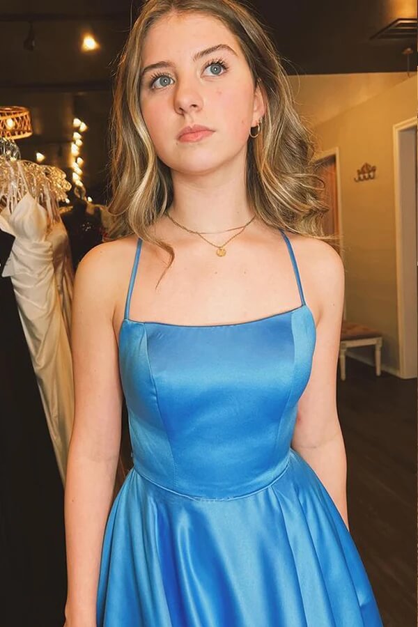 Blue A-line Spaghetti Straps Satin Side Slit Prom Dresses, Evening Gown, MP753 | a line prom dress | party dress | long formal dress | musebridals.com