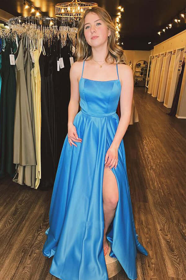 Blue A-line Spaghetti Straps Satin Side Slit Prom Dresses, Evening Gown, MP753 | simple prom dresses | blue prom dresses | split prom dress | musebridals.com