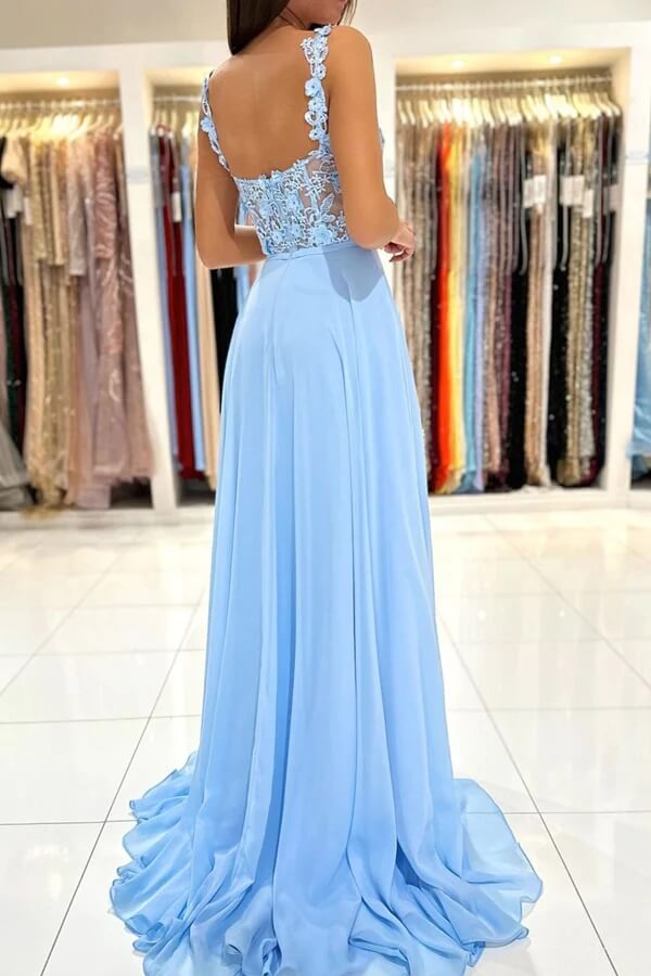 Blue Chiffon A-line Prom Dresses With Lace Appliques, Evening Gowns, MP737 | blue prom dresses | long formal dresses | party dress | musebridals.com