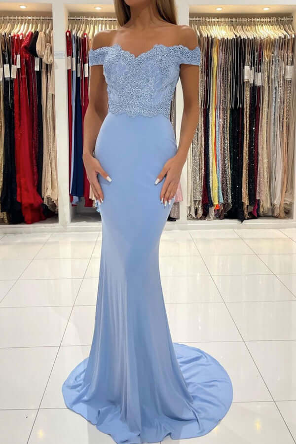 Blue Chiffon Mermaid Off-the-Shoulder Lace Prom Dresses, Evening Dresses, MP702 | cheap long prom dresses | mermaid prom dresses | long formal dresses | musebridals.com