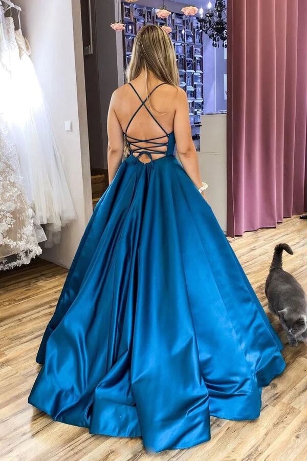 Blue Satin A-line Backless Scoop Simple Prom Dresses, Party Dresses, MP815 | cheap long prom dresses | prom dresses for teens | evening gown | musebridals.com