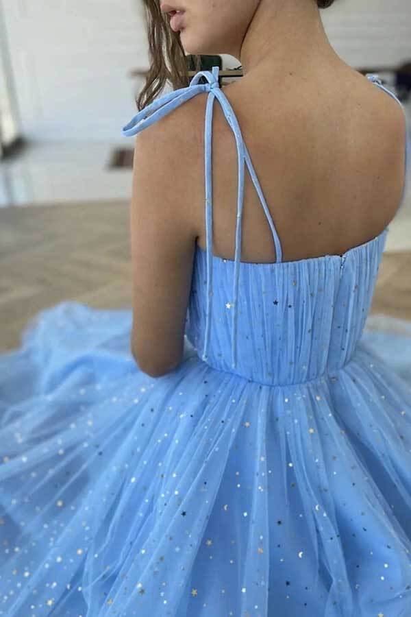 Blue Sequins Tulle Tea Length Short Prom Dresses, Homecoming Dresses, MH538 | tea length prom dresses | cheap homecoming dresses | short prom dresses | www.musebridals.com