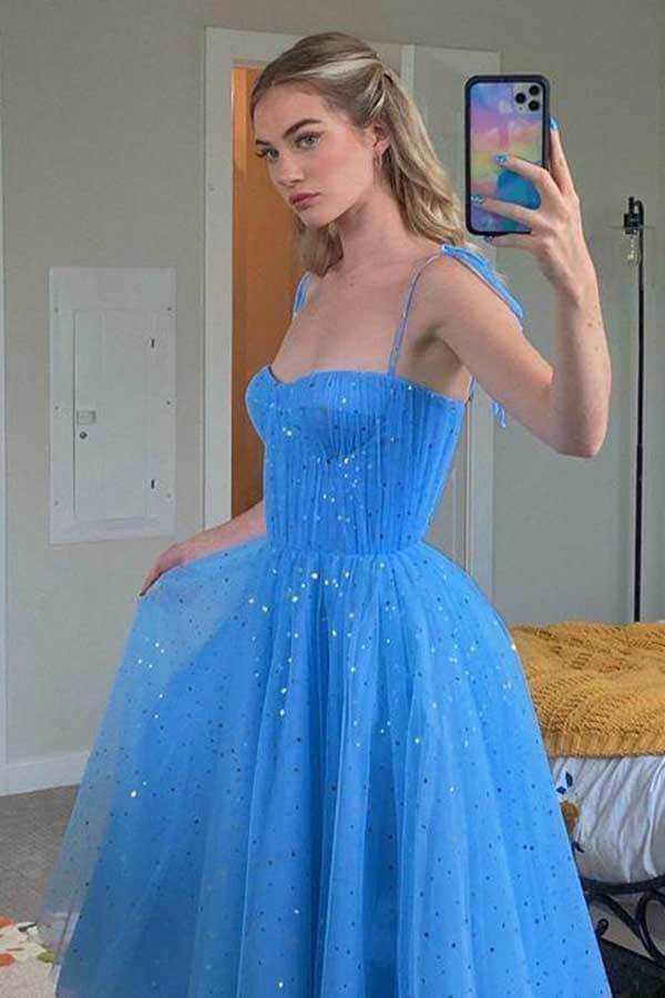 Blue Sequins Tulle Tea Length Short Prom Dresses, Homecoming Dresses, MH538 | tulle prom dresses | school event dresses | graduation dresses | www.musebridals.com