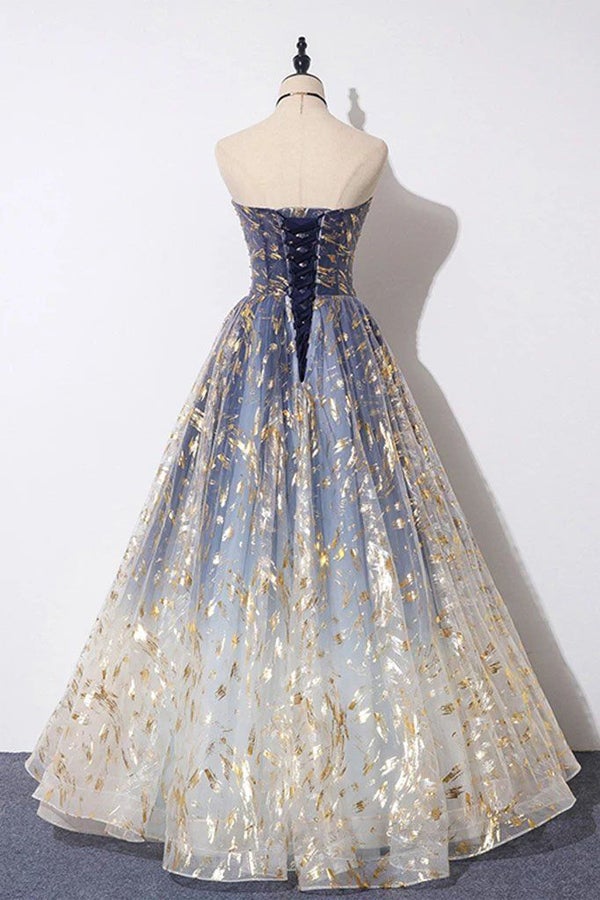 Blue Tulle A-line Floral Print Strapless Prom Dresses, Long Formal Dresses, MP698 | floor length prom dresses | prom dresses near me | evening dresses online | www.musebridals.com​