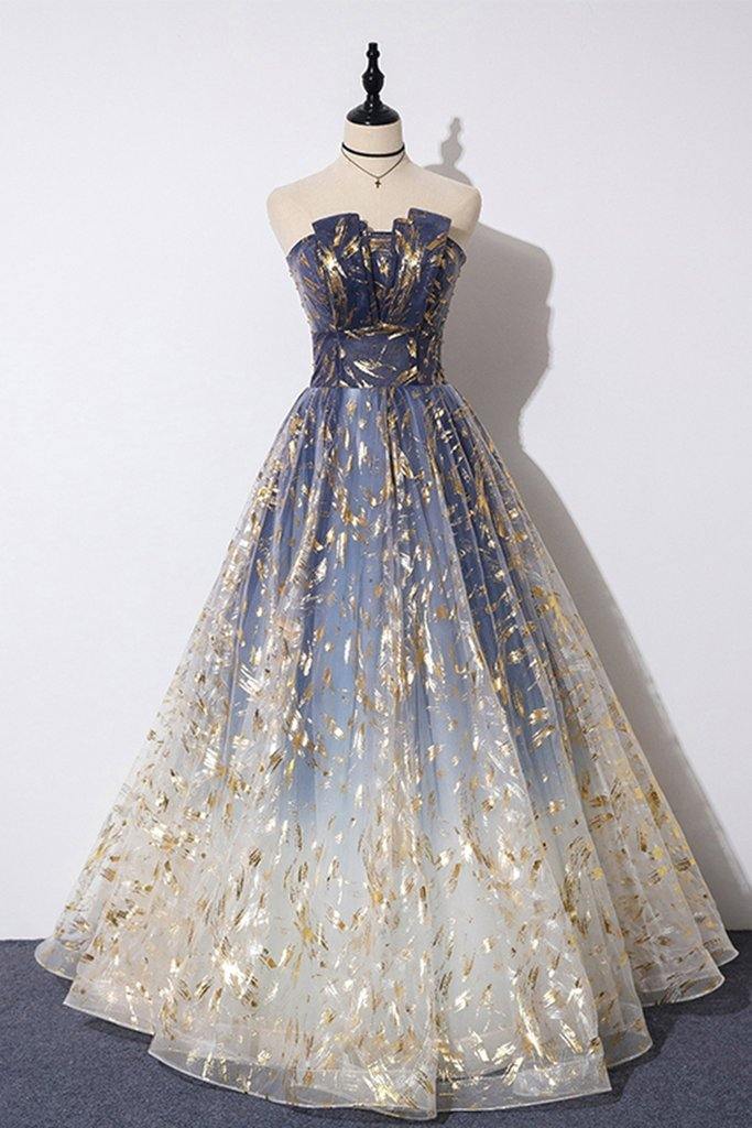  ​Blue Tulle A-line Floral Print Strapless Prom Dresses, Long Formal Dresses, MP698 | prom dresses long | evening gown | party dresses | www.musebridals.com