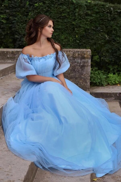off the shoulder pageant dresses Blue Tulle A-line Princess Off Shoulder Prom Dress MP665
