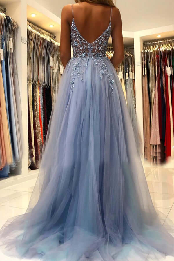 Blue Tulle A-line V-neck Beaded Long Prom Dresses, Long Formal Dress, MP652 | beaded prom dress | long formal dresses | cheap long prom dresses | www.musebridals.com