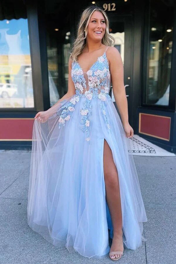 Blue Tulle A-line V-neck Lace Flowers Long Prom Dresses, Evening Dress, MP720 | blue prom dresses | a line prom dress | prom dresses near me | musebridals.com