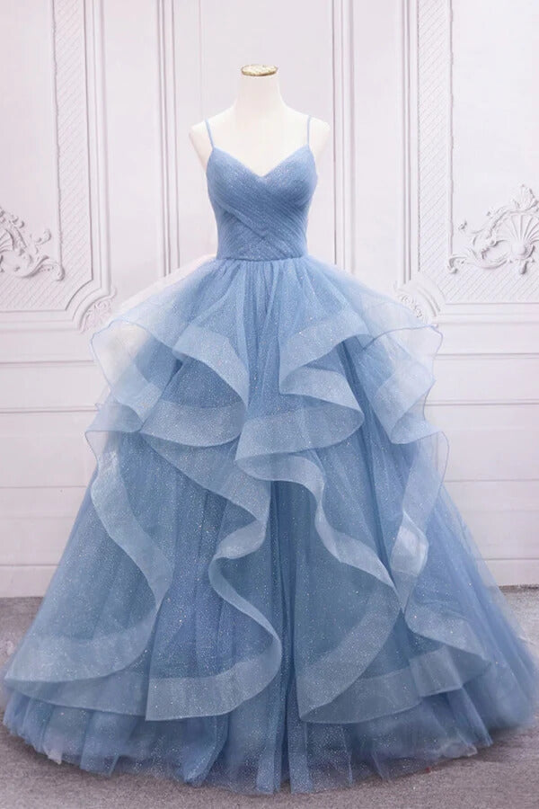 Blue Tulle A-line V-neck Sequins Sparkly Prom Dresses, Long Formal Dresses, MP711 | sparkly prom dresses | evening gown | tulle prom dresses | musebridals.com