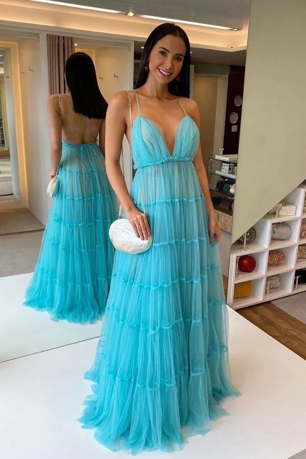 Blue Tulle Tiered A-line V-neck Floor Length Prom Dresses, Evening Gowns, MP724 | blue prom dress | a line prom dress | simple prom dresses | musebridals.com