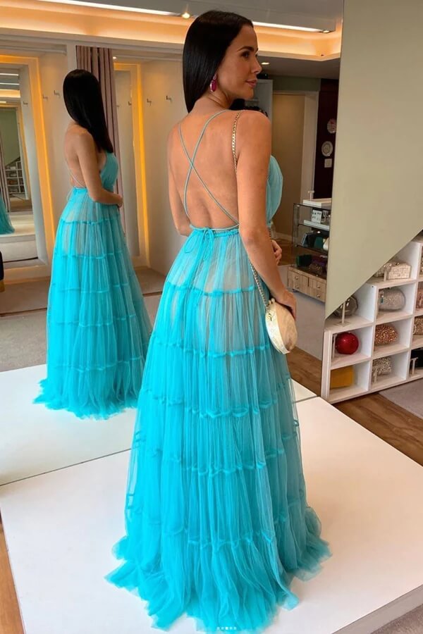 Blue Tulle Tiered A-line V-neck Floor Length Prom Dresses, Evening Gowns, MP724 | cheap long prom dress | evening dresses | party dresses | musebridals.com