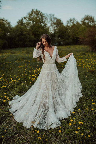 Bohemian Lace A-line Long Sleeves Wedding Dresses MW608 | Musebridals