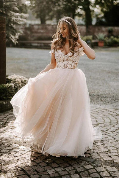 Bohemian Tulle Lace A line Off the Shoulder Beach Wedding Dresses MW561