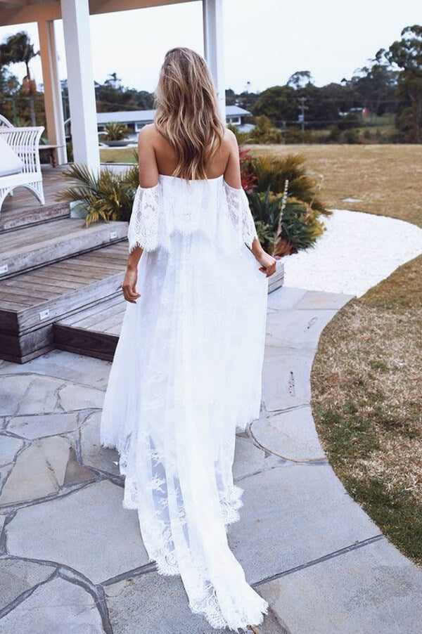 Boho Lace A-line Half Sleeves Off-the-Shoulder Beach Wedding Dresses, MW630 | cheap wedding dresses | wedding dresses online | boho wedding dresses | www.musebridals.com