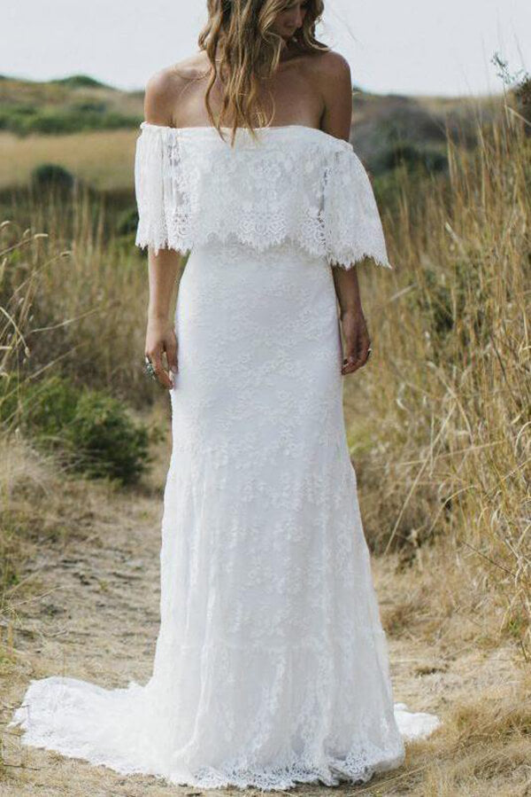 Boho Lace A-line Half Sleeves Off-the-Shoulder Beach Wedding Dresses, MW630 | half sleeves wedding dress | cheap lace wedding dresses | bridal gowns | www.musebridals.com