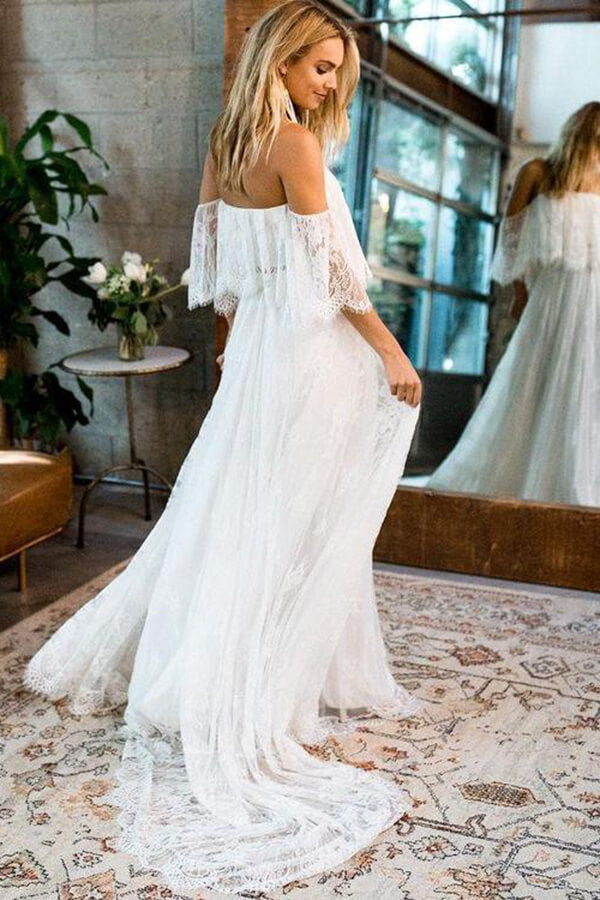 Boho Lace A-line Half Sleeves Off-the-Shoulder Beach Wedding Dresses, MW630 | lace wedding dress | beach wedding dress | wedding gown | www.musebridals.com