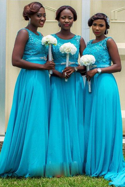 Elegant Blue High Neck Chiffon Bridesmaid Dress, Wedding Party Dresses, MB109