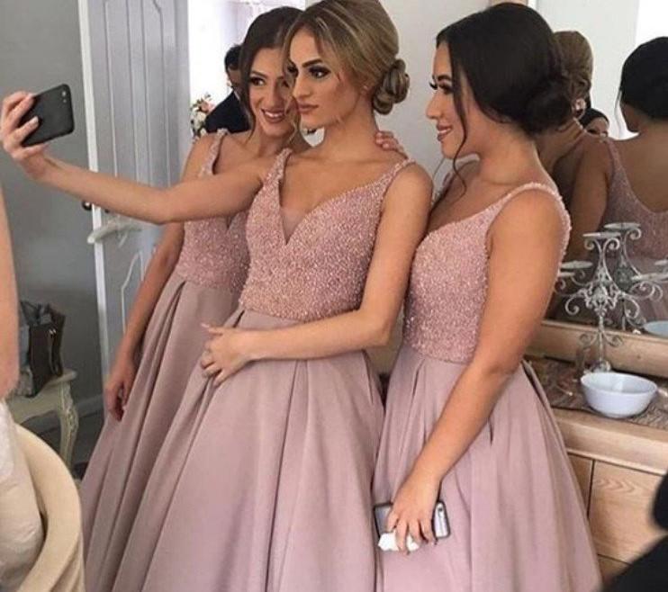Dusty Rose A-Line V-Neck Long Bridesmaid Dresses, Cheap Bridesmaid Gown, MB140