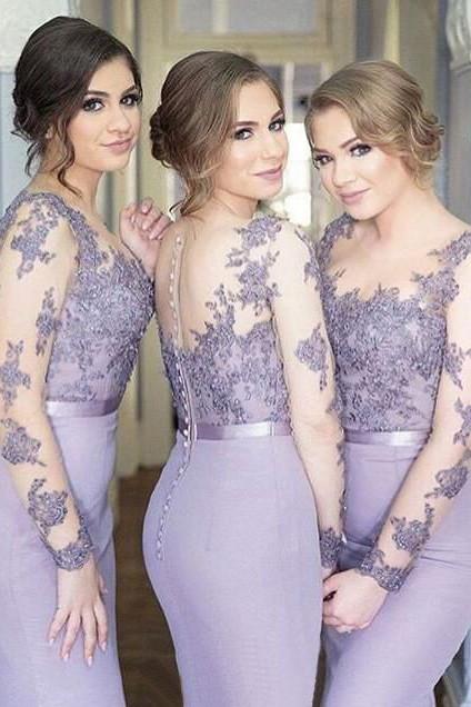 Lavender Lace Long Sleeves Bridesmaid Dress, Mermaid Wedding Party Dresses, MB135