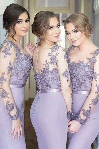 Lavender Lace Long Sleeves Bridesmaid Dress, Mermaid Wedding Party Dre –  Musebridals