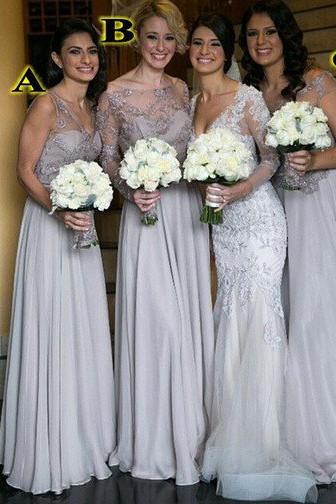 Cheap Gray Long Bridesmaid Dress, Lace Mismatched Bridesmaid Dresses, MB118
