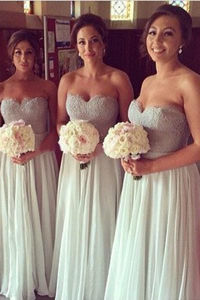 Gray A-line Lace Mismatched Long Bridesmaid Dress, Wedding Party Dresses, MB157