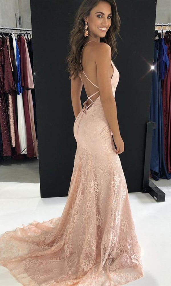 Burgundy Mermaid V-neck Lace Prom Dresses With Train, Party Dresses, MP799 | pink prom dress | evening dresses | party dress | musebridals.com