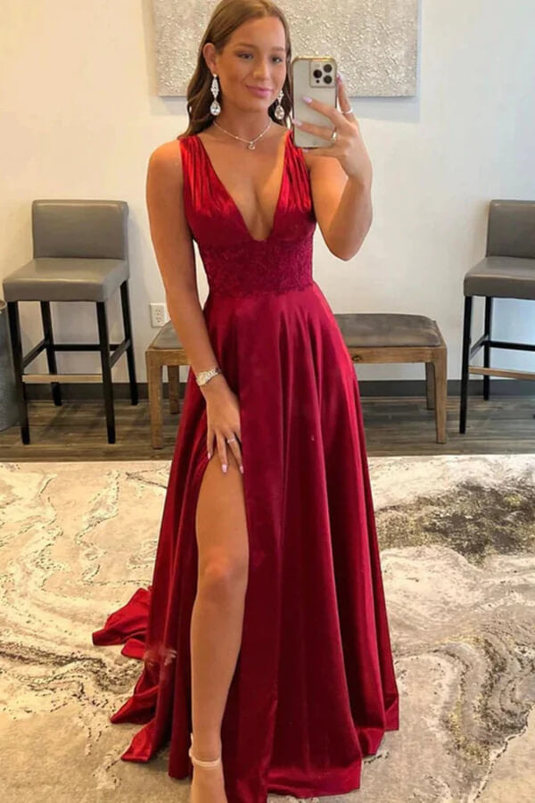 Simple V-neck Long A-line Prom Dresses, Side Slit Red Prom Dresses