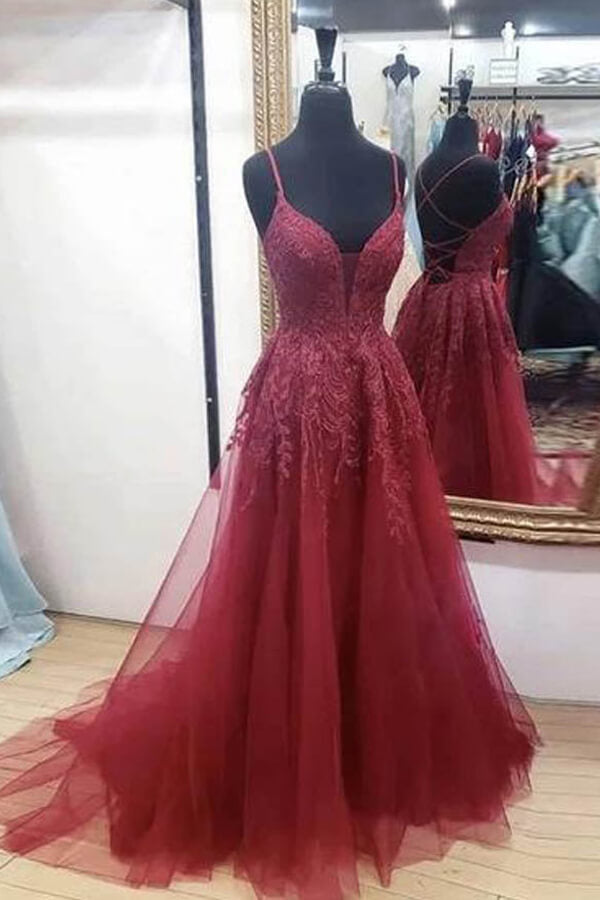 Burgundy Tulle A-line Cross Back Prom Dresses With Thigh Slit, Formal Dress, MP649 | a line v neck prom dresses | cheap long prom dresses | evening dresses | www.musebridals.com