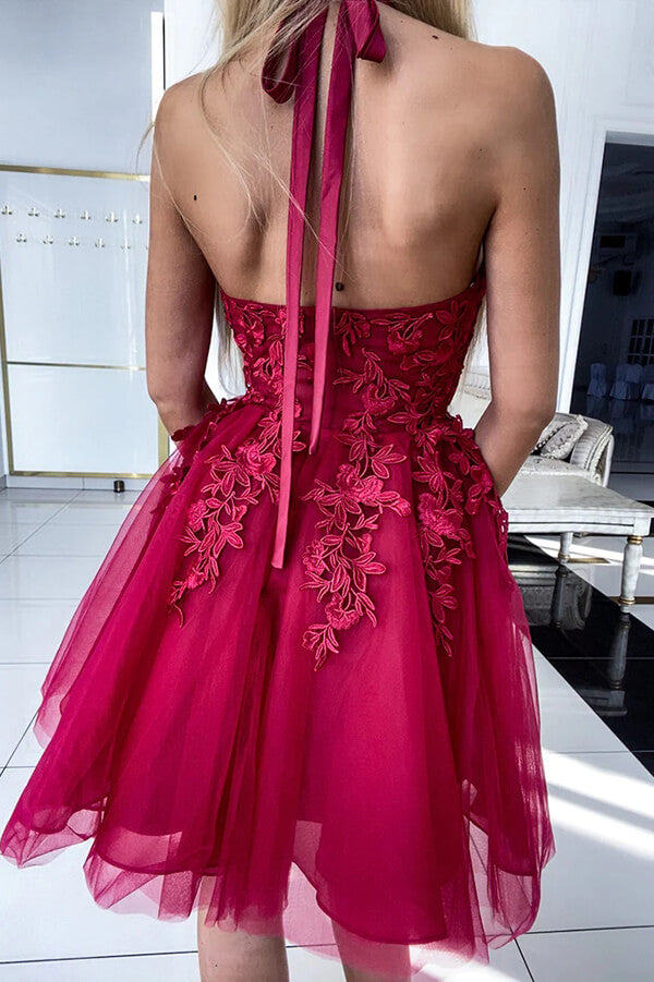 Burgundy Tulle Lace Appliques Halter Homecoming Dresses, Short Prom Dress, MH563 | school event dresses | sweet 16 dresses | short party dresses | musebridals.com