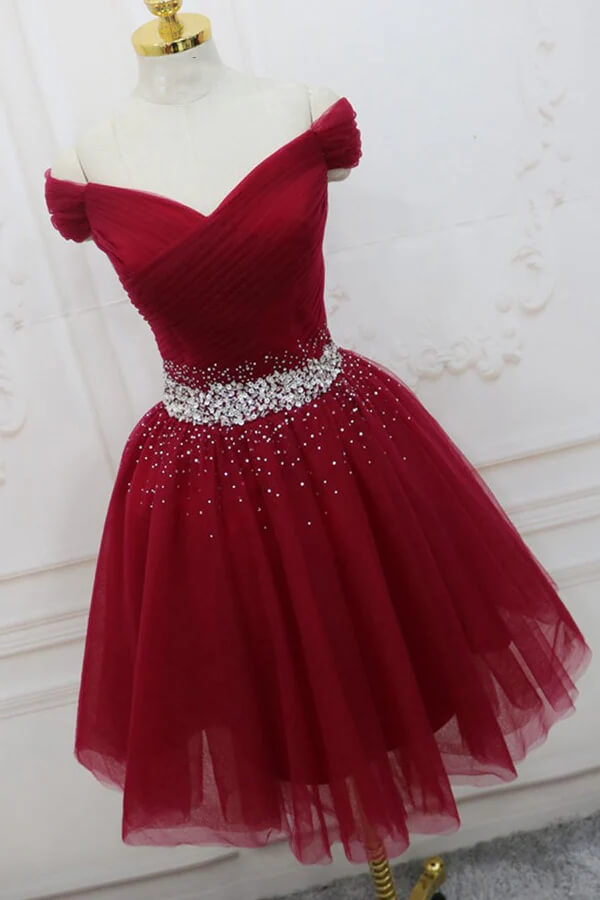 Burgundy Tulle Off-the-Shoulder Homecoming Dresses, Short Party Dress, MH551 | plus size homecoming dresses | homecoming dresses near me | homecoming dress stores | musebridals.com