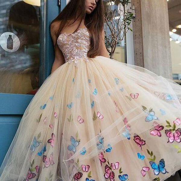  Butterfly Floral Ball Gown Tea Length Lace Strapless Homecoming Dresses, MH517 | ball gown homecoming dress | graduation dresses | floral homecoming dresses | sweet 16 dresses | school event dress |www.musebridals.com